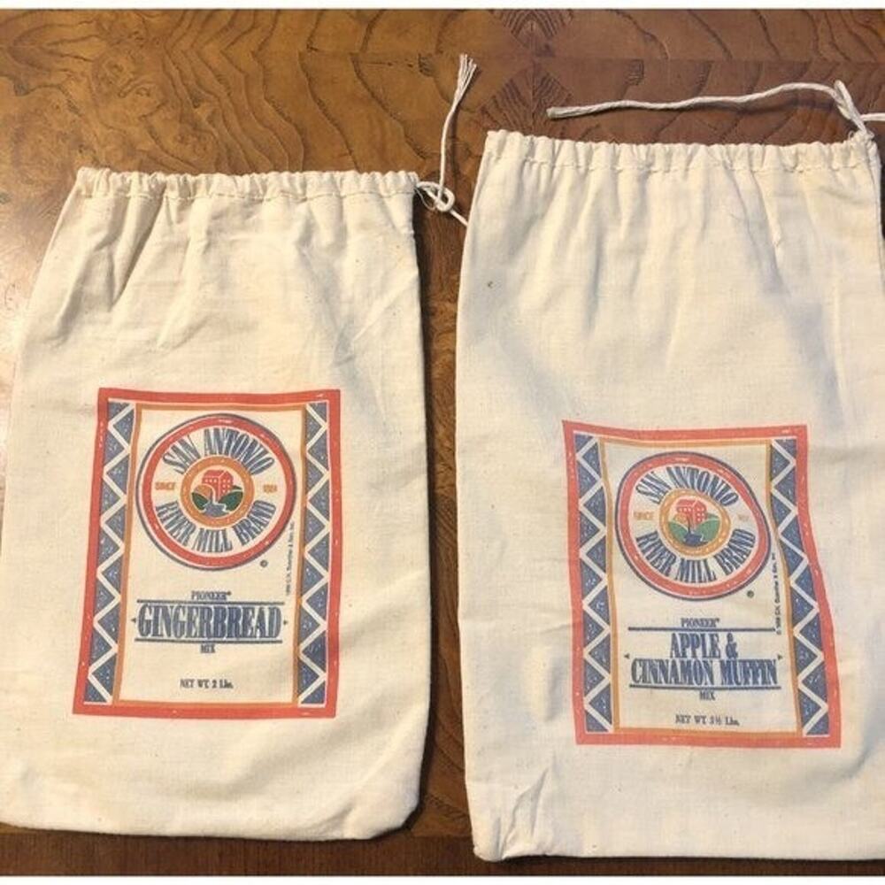 SET 2 COTTON BLEACHED FLOUR SACKS LABELED RIVER MILL BRAND GINGER & APPLE MUFFIN
